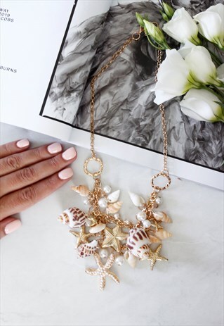 SHELL STARFISH GOLD CHAIN CHUNKY STATEMENT NECKLACE