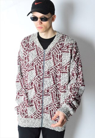 VINTAGE 90S GREY BURGUNDY KNIT ZIPPER CARDIGAN