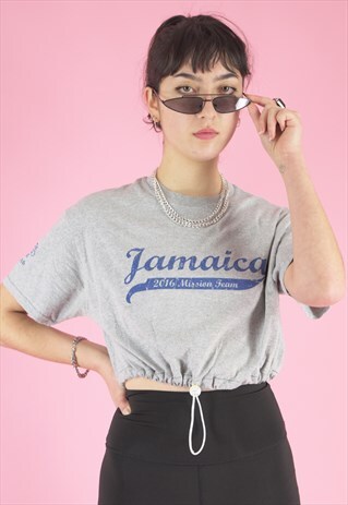 VINTAGE REWORKED CROP TOP T-SHIRT IN GREY WITH JAMAICA PRINT