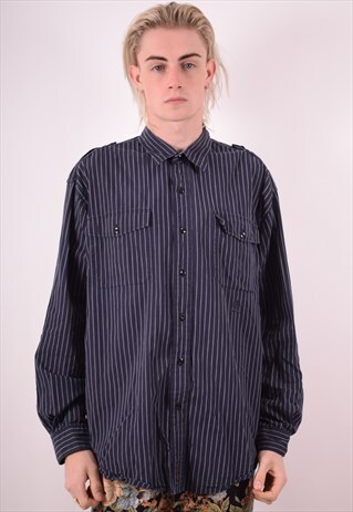 TOMMY HILFIGER MENS VINTAGE SHIRT LARGE NAVY BLUE 90S