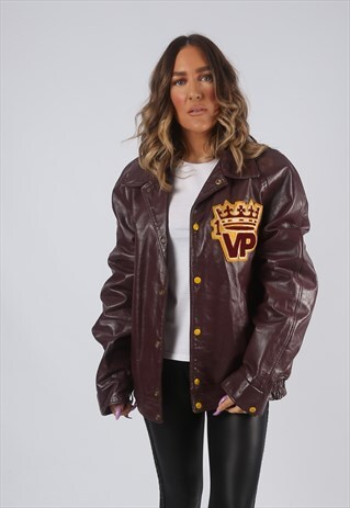 RARE LEATHER JACKET BOMBER OVERSIZED VARSITY UK 14 16 (GK7I)