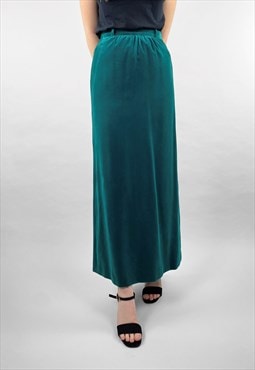 70's Vintage Ladies Green Velvet Maxi Midi Skirt Small