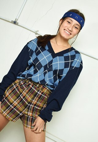 VINTAGE 70'S RETRO ARGYLE PATTERN WOOLLEN KNIT JUMPER