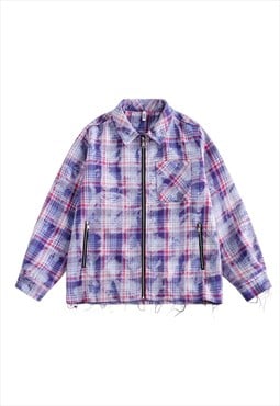 Tie-dye checked woolen jacket plaid zip up bomber in purple