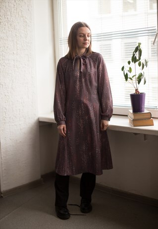 VINTAGE 80'S GREY PATTERNED LONG SLEEVED DRESS