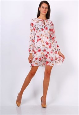 White Floral Print Tie Neck Shift Dress