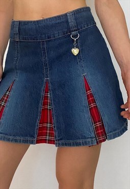 y2k bongo denim and plaid pleated mini skirt