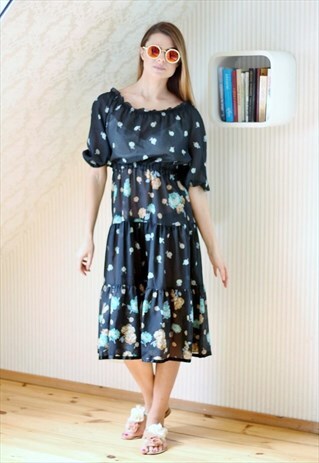BLACK MIDI DRESS WITH BLUE FLOWERS
