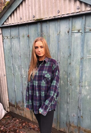 UNISEX VINTAGE CHECKED OVERSIZED 90'S FLANNEL SHIRT GREEN