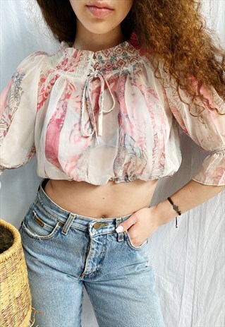 VINTAGE Y2K SHEER BOHEME REWORKED MILKMAID BLOUSE CROP TOP