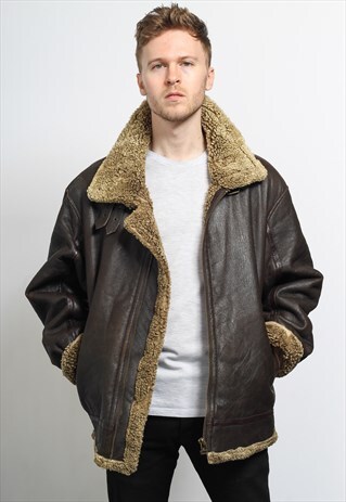 VINTAGE LEATHER AVIATOR FLEECE SHEEPSKIN JACKET COAT
