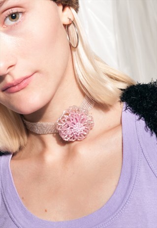 VINTAGE PINK CHOKER Y2K PASTEL FLOWER GLASS BEAD NECKLACE