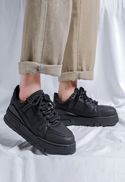 Platform trainers chunky sole sneakers skater shoes black 