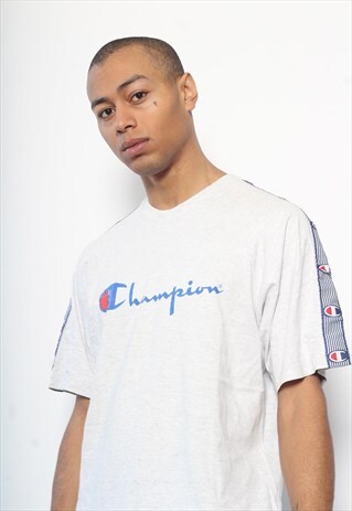 VINTAGE CHAMPION TAPE LOGO SPELLOUT T-SHIRT GREY