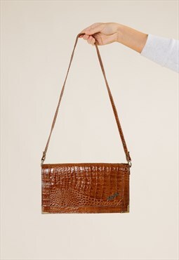 Vintage 60s Real Leather Brown Reptile Pattern Shoulder Bag