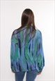 90S ABSTRACT BLUE BLOUSE, VINTAGE MULTICOLOR RETRO STYLE TOP