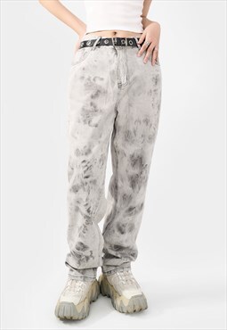 Crumpled jeans washed out stain denim pants in grey