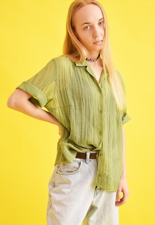 90'S RETRO TARTAN SHEER OVERSIZED BLOUSE TOP