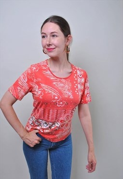 Vintage 90s flower blouse, red hippie blouse, summer blouse