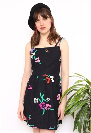 VINTAGE 80S DARK FLORAL PRINT MINI DRESS