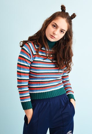 70'S RETRO MOD STRIPED PATTERN TURTLENECK KNIT JUMPER