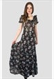 70's Vintage Black Floral Floral Short Sleeve Maxi Dress