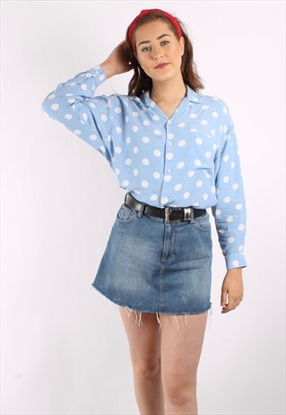 VINTAGE 80S BATWING BLOUSE IN PALE BLUE POLKA DOT
