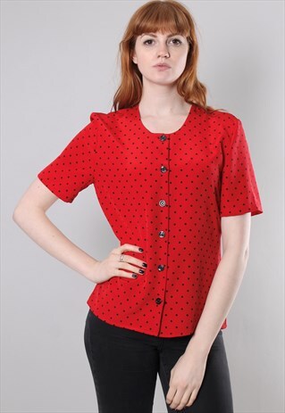 VINTAGE 80S RED POLKA DOT BUTTON BLOUSE TOP