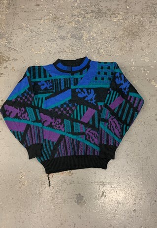 VINTAGE ABSTRACT KNITTED JUMPER FUNKY PATTERNED GRANDAD KNIT