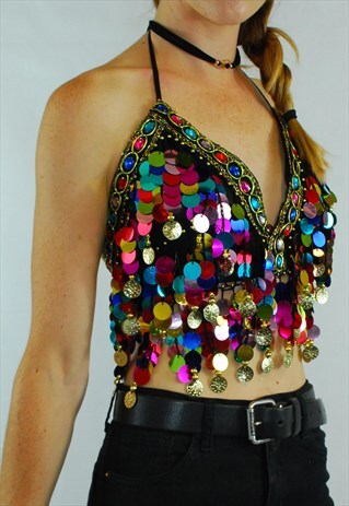 MULITCOLOURED SEQUIN FESTIVAL BELLY BRALET GYPSY TOP