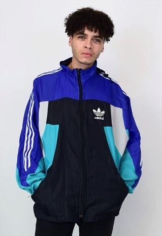 VINTAGE 90'S ADIDAS BLACK BLUE & TEAL ZIP JACKET WITH HOOD