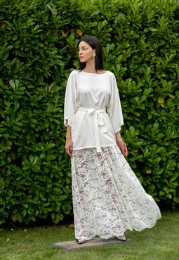 Minimalist Wedding Dress with Lace Maxi Skirt and White Silk