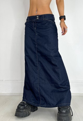Vintage 90s Denim Skirt Maxi Grunge Long Low Rise Y2k 