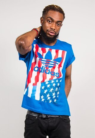 ADIDAS 90'S VINTAGE USA FLAG BLUE T-SHIRT