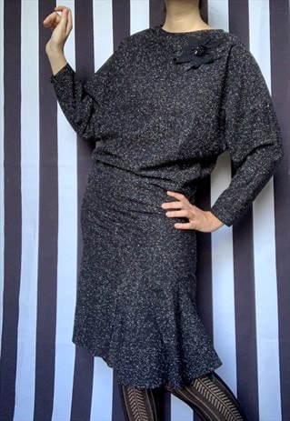 VINTAGE 80S BLACK SILVER GLITTER DISCO MIDI DRESS, UK14/16