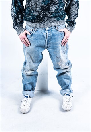 VINTAGE LEVI'S 501 JEANS IN BLUE DENIM WITH RIPS PAINT MARKS