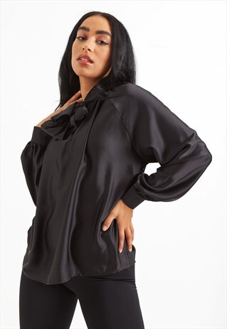 BLACK SATIN FEEL TIE NECK BLOUSE