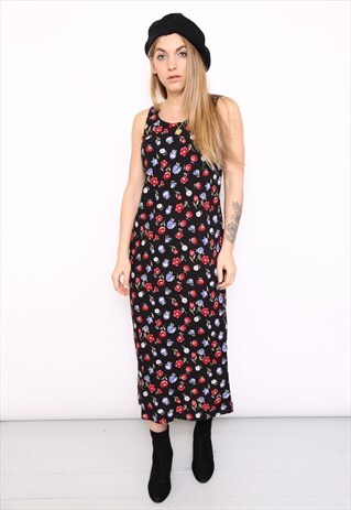VINTAGE 90S DARK FLORAL PRINT MIDI DRESS