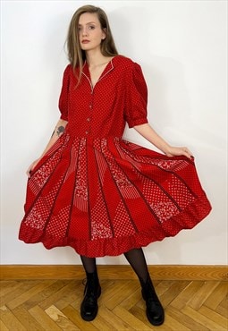 Vintage Red Cotton Short Sleeve Midi Dress