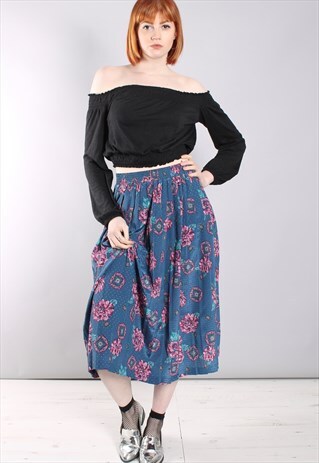 VINTAGE 80S FLORAL PATTERNED TEXTURED PLEATED MIDI SKIRT