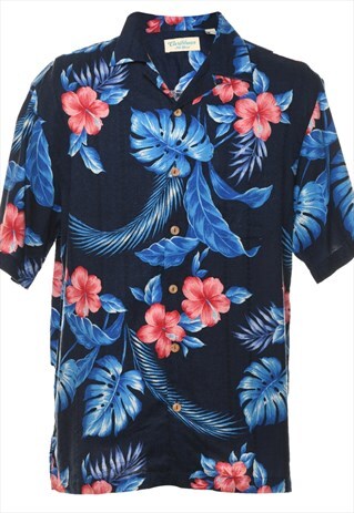 Vintage Caribbean Floral Navy & Pink Hawaiian Shirt - L