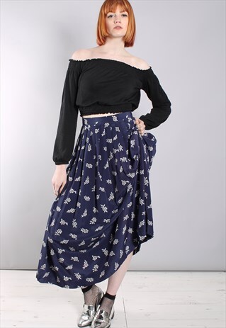 VINTAGE 80S FLORAL PRINT PLEATED MAXI SKIRT