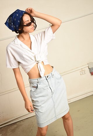 VINTAGE 90S FESTIVAL PENCIL MINI SKIRT IN BLUE DENIM