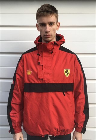MENS RED FERRARI QUARTER ZIP HOODY PULLOVER RAIN COAT JACKET