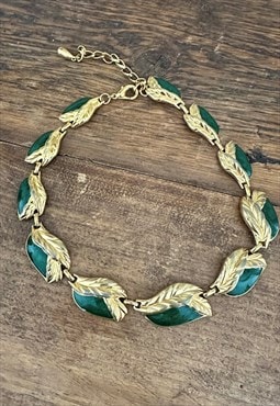 60's Vintage Ladies Necklace Gold Leaf Links Green