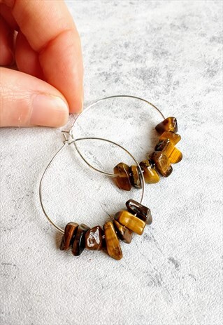 TIGER EYE GEM STONE HOOP EARRINGS
