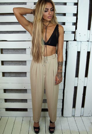 BEIGE HIGH WAISTED TAPERED ANKLE GRAZER SMART TROUSERS