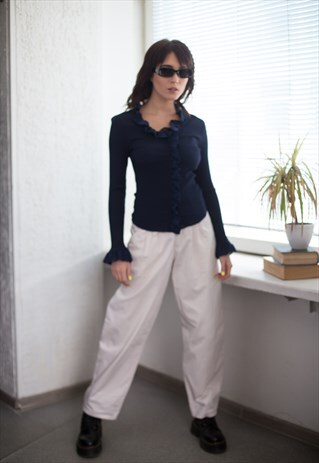 VINTAGE 80'S NAVY FRILL DETAILS BLOUSE