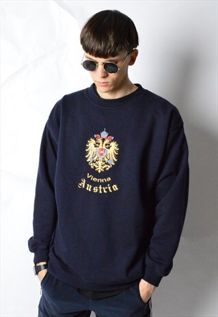 VINTAGE 90S NAVY BLUE EMBROIDERED AUSTRIA SWEATSHIRT