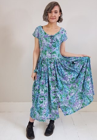 VINTAGE 90'S GREEN AND PURPLE FLORAL BUTTON UP DRESS